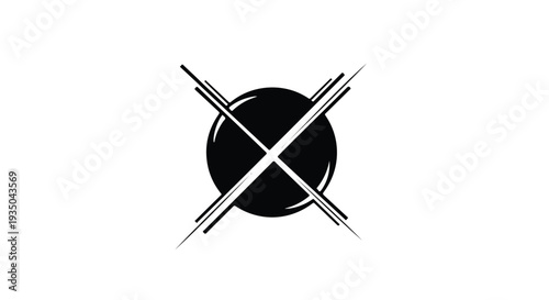 Bold abstract black circle with intersecting lines on white background, symbolizing focus or intersection.