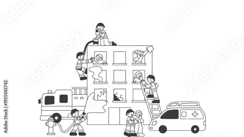 Firefighters rescue people from a burning building with an ambulance nearby