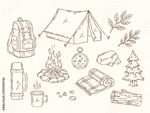 Camping hand-drawn outline vector set with tent, campfire, backpack, picnic item, and nature element. Decorative line illustration perfect for stationery, packaging, and decorative prints