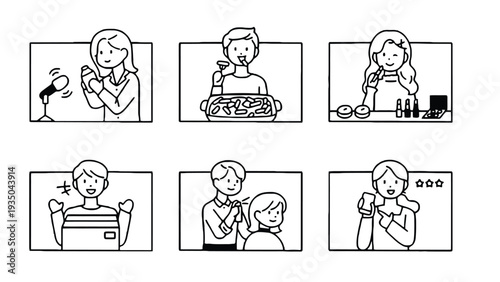 Food illustration of people enjoying various meals and snacks together