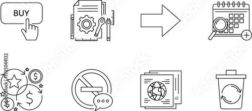 Business and ecommerce line icons set buy button calendar analytics recycle arrow vector illustration collection design