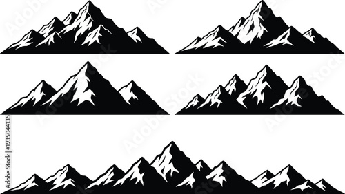 Mountain silhouette vector set with snowy peaks isolated black alpine landscape collection for nature outdoor adventure logo design branding