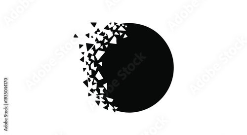 Abstract black circle fragmenting into geometric shapes, symbolizing transformation and disintegration.