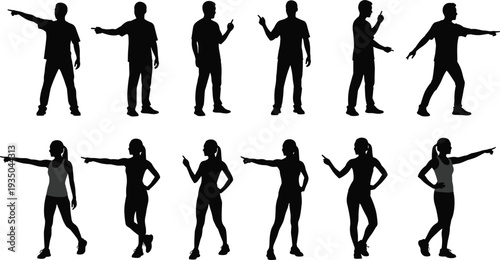 People pointing silhouette vector set with men and women gestures isolated black human figures for instruction direction concept illustration design