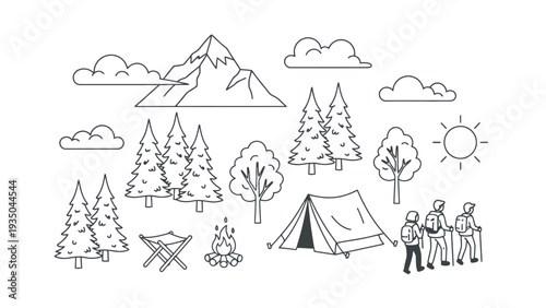 Camping vector illustration with mountain and trees in background scene