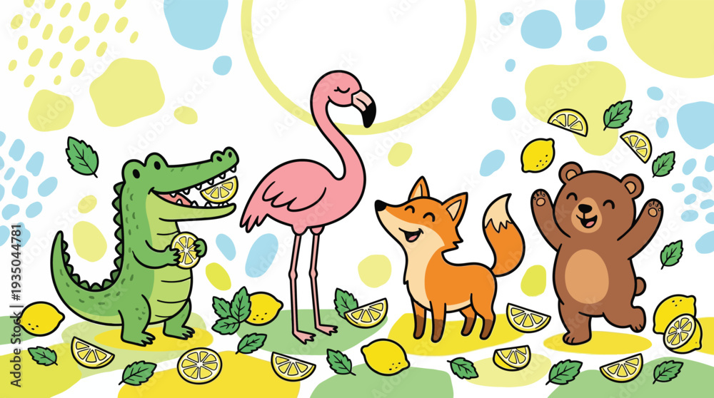 Obraz premium Cute cartoon animals smiling with lemons and mint on a playful summer background