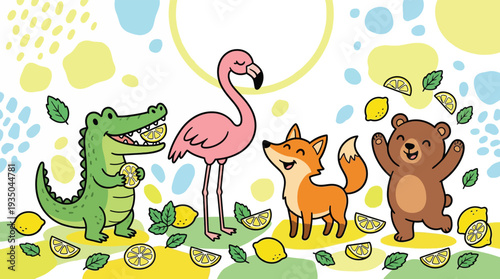 Cute cartoon animals smiling with lemons and mint on a playful summer background