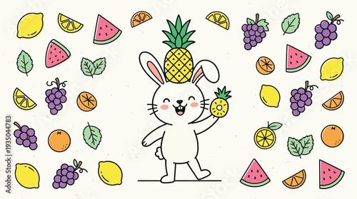 Happy bunny holding pineapple surrounded by fresh fruit doodles