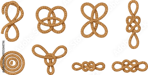 Decorative Rope Knots Collection Nautical Marine Knotted Cord Elements Set for Sailing Craft Design Flat Vector Illustration