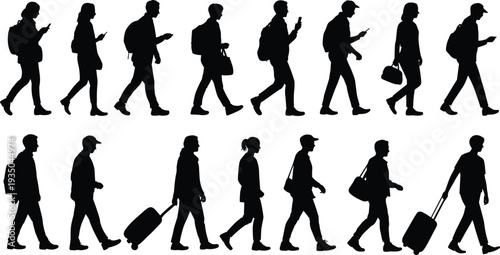 People walking silhouettes collection with backpacks, luggage and smartphones travelers commuting and travel lifestyle vector illustration isolated set