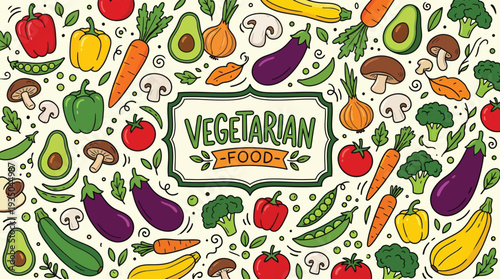 Colorful Hand Drawn Vegetarian Food Pattern with Fresh Vegetables