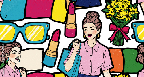 Seamless Fashion Shopping Pattern with Stylish Woman, Lipstick, Sunglasses, Clothes and Flowers Art Illustration Style