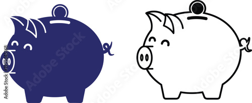 Piggy bank icon set with solid and outline styles, cute savings money box vector illustration isolated on white background