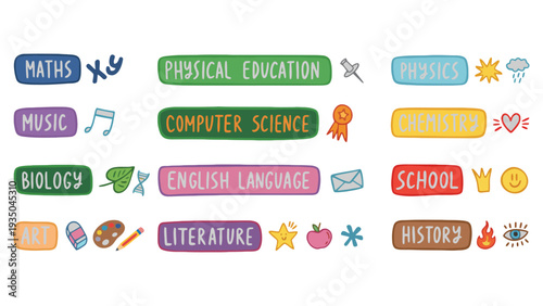 School subjects vector illustration with colorful icons and labels