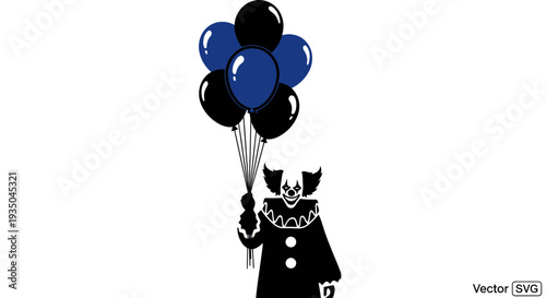 Scary Clown Holding Dark Blue Balloons - Horror Themed Vector Art