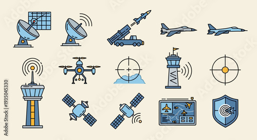 Collection of Surveillance and Defense Icons Featuring Satellites and Aircraft.