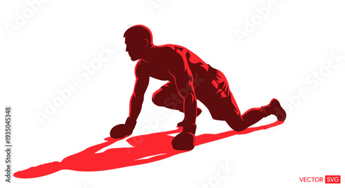 Boxer Silhouette in Red, Crouching Ready to Fight, Intense Training
