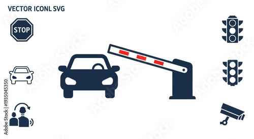 Car at barrier gate, traffic light, stop sign, camera, icons vector
