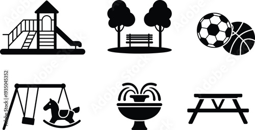 Public park and playground icons set with slide bench trees sports balls swing fountain picnic table black silhouette vector illustrations isolated on white background