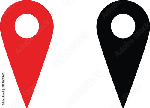Red and black location pin icons set isolated on white background, simple map marker symbol vector illustration for navigation design