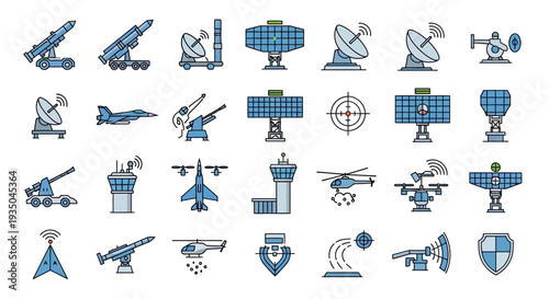 Collection of various satellite and radar technology icons.
