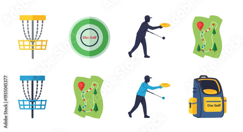 Disc Golf Icons: Basket, Player Throwing, Map, Bag, Target - Set