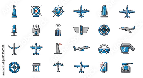 Aviation and Aerospace Icons Set in Blue and Gray.