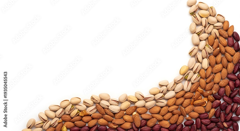 Obraz premium Assortment of various nuts arranged in a curved pattern against a white background.