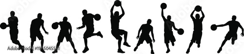 Basketball player silhouettes collection, dribbling jumping shooting poses set, sport action figures, athlete movement, black vector illustration isolated