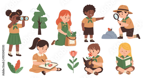 Diverse group of happy children engaged in outdoor scouting activities and nature study