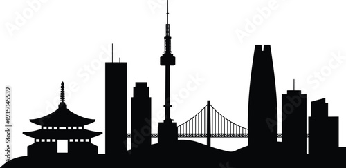 Asian city skyline silhouette with pagoda temple, modern skyscrapers and bridge architecture vector illustration isolated on white background