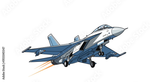 Military Fighter Jet in Flight with Afterburners.