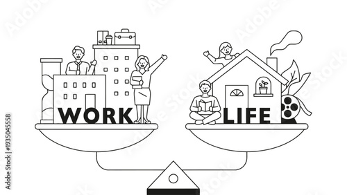 Work life balance concept with people on scales vector illustration