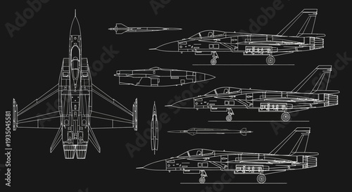 Detailed technical drawings of a fighter jet from multiple angles.
