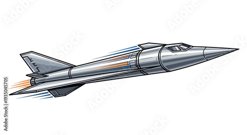 Futuristic silver fighter jet with orange and blue stripes in flight.