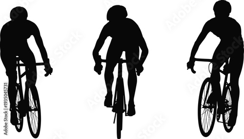 Cyclist riding bicycle silhouettes set, road bike athlete cycling action poses collection, sport fitness training, black vector illustration isolated