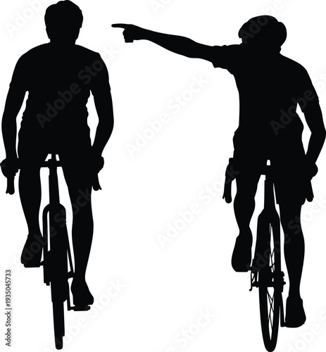 Cyclists riding bicycles silhouettes, road biking athletes in motion, competitive cycling sport concept with pointing gesture isolated black figures