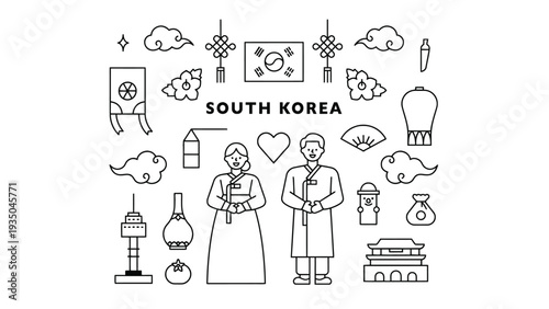South Korea traditional vector illustration with cultural symbols and icons