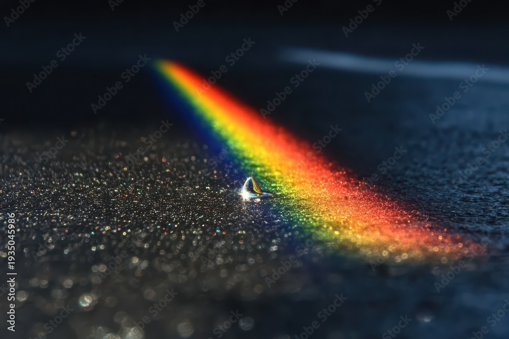 Naklejka premium Macro shot of a water droplet refracting light into a rainbow spectrum on a dark sparkling surface