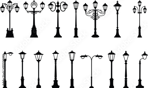 Decorative vintage street lamp silhouettes collection, classic urban lantern posts set, ornamental city lighting design isolated black streetlight vector illustration