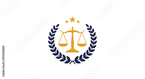 Law firm logo features scales of justice with laurel wreath and stars symbolizing fairness.