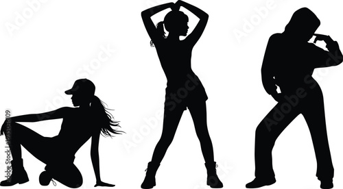 Female hip hop dancers silhouettes set with urban street dance poses, modern freestyle performance vector illustration isolated on white