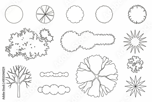 Set of Minimalist Tree and Shrub Plan Symbols for Architectural Site Mapping and Landscape Garden Design