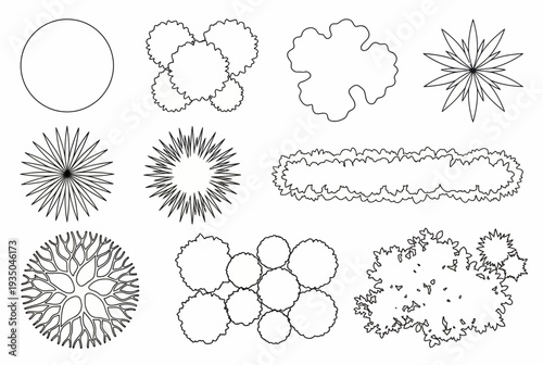 Set of Minimalist Plant and Shrub Plan Symbols for Architectural Site Mapping and Landscape Garden Design