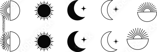 Sun and moon icons collection, celestial symbols set, sunrise sunset and night elements, minimal line vector illustration