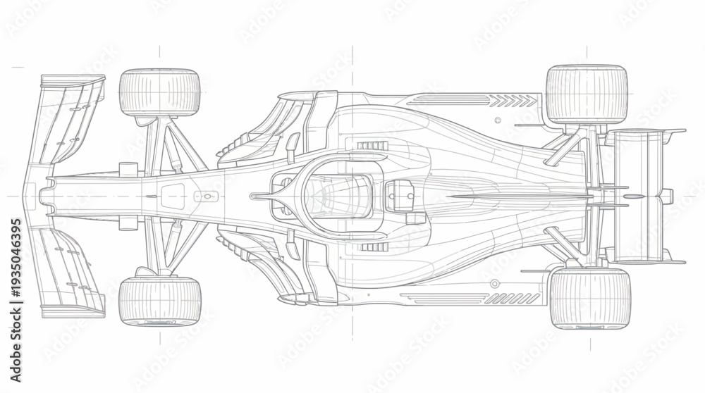 Obraz premium Formula Racing Car Top View Technical Drawing and Aerodynamic Blueprint
