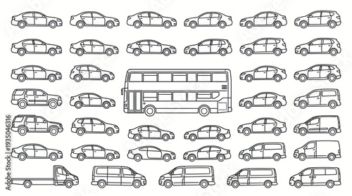 Large Vehicle Side Elevation Collection featuring Double Decker Bus and Passenger Cars