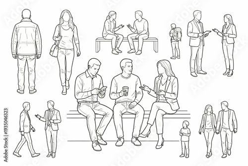 Architectural Scale Figures Sitting Conversing and Walking Line Art Vector Set