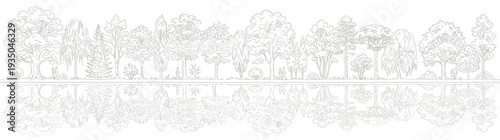 Diverse Tree Line Elevation with Water Reflection for Architectural Landscape Design