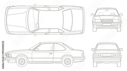 Classic Coupe and Sedan Vehicle Technical Drawing with Multi-View Elevations